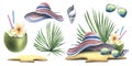 Striped summer beach hat on the sand with sunglasses, tropical palm leaves, cocktail in coconut and sea shells