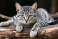 a striped tabby cat laying on top of a log