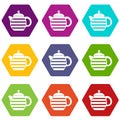 Striped teapot icon set color hexahedron