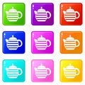 Striped teapot icons 9 set