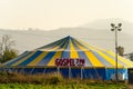 October 2022 - Abbotsford, Canada: A tent erected for nightly Christian gospel services sits in a farm field.