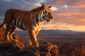 Striped tiger standing on rocks near precipice. Generative AI