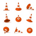 Striped traffic cones in various position set realistic vector. Plastic safety highway construction