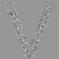 Striped typeface with geometrical pattern letter V of a latin font. Vector lettering with glitch effect, black horizontal distorte