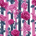 Striped wallpaper with pink roses vertical. Royalty Free Stock Photo