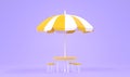 Striped white yellow beach umbrella with table and chairs isolated on purple background. Folding garden parasol, awning Royalty Free Stock Photo