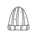 Striped winter hat. Hand drawn doodle style. Vector illustration isolated on white. Coloring page.