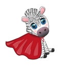 Striped zebra in a red coat. super hero child character