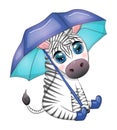 Striped zebra with umbrella, cute kid character. Autumn is coming, rain and yellow leaves
