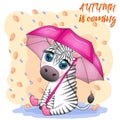 Striped zebra with umbrella, cute kid character. Autumn is coming, rain and yellow leaves