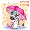 Striped zebra with umbrella, cute kid character. Autumn is coming, rain and yellow leaves