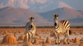 Striped Zebras in Serene Savanna at Sunset