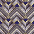Striped zigzag geometric vector seamless pattern. Ornamental zig zag background. Geometry repeat dark blue backdrop. Gold lines,
