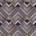 Striped zigzag geometric vector seamless pattern. Ornamental zig zag background. Geometry repeat dark blue backdrop. Gold lines,