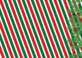 Stripes candy cane pattern with Christmas tree green branches. Diagonal straight lines Christmas background. Red and white Royalty Free Stock Photo