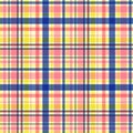 Stripes geometric seamless pattern, simple checkered print, striped combination of shades of blue, yellow and pink