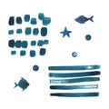Stripes, stars, fishes, polka dots and waves brush strokes in blue and turquoise. Watercolor illustration drawn in a Royalty Free Stock Photo