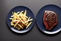 Striploin beef steak with french fries on dark background. Freshly grilled. Healthy dinner, generative ai