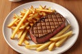 Striploin beef steak with french fries on dark background. Freshly grilled. Healthy dinner, generative ai
