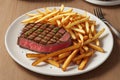 Striploin beef steak with french fries on dark background. Freshly grilled. Healthy dinner, generative ai