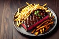 Striploin beef steak with french fries on dark background. Freshly grilled. Healthy dinner, generative ai