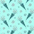 Stripped confetti petards seamless pattern on blue background