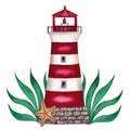 Stripped red lighthouse, algae and sea star. Isolated hand painted watercolor illustration on white background Royalty Free Stock Photo