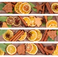 Strips are composed of dried oranges, anise star, cinnamon sticks and gingerbread on a brown background