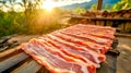 Strips of meat drying on wooden racks under the setting sun Royalty Free Stock Photo