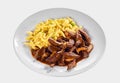 Strips of tender meat in a ragout with noodles