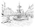 Stroget Street. Copenhagen. Denmark. Europe. Hand drawn vector illustration.