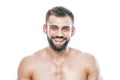 He stroked and touched his beard. A beautiful beard. Beautiful sporty guy male power. Fitness muscled in blue shorts. on Royalty Free Stock Photo