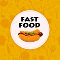 Vector hot dog and fast food cafe/restaurant/bar logo design on seamless green background. Royalty Free Stock Photo