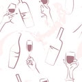 Vector seamless pattern with red wine stains, human hand hold wine glass, wine bottle hand drawn. Royalty Free Stock Photo