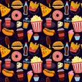 Vector seamless pattern with tasty fast food illustration - donut, pizza, burger, hot dog, coffee to go - isolated on black backgr Royalty Free Stock Photo