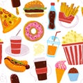 Vector seamless pattern with tasty fast food illustration - donut, pizza, burger, hot dog, coffee to go - isolated on white backgr