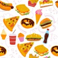 Vector seamless pattern with tasty fast food illustration - donut, pizza, burger, hot dog, coffee to go Royalty Free Stock Photo