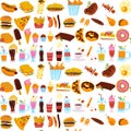 Vector seamless pattern with tasty fast food illustration - donut, pizza, burger, hot dog, coffee to go - isolated on white backgr Royalty Free Stock Photo