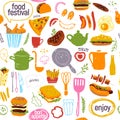 Vector seamless pattern with tasty street food festival illustration - burger, pizza, bbq, hot dog, chicken - isolated on white ba Royalty Free Stock Photo