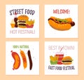 Vector set of fast food festival poster, placard, banner, advertising, flayer, card, sticker with burger, hot dog, sausage, Royalty Free Stock Photo