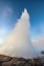 Strokkur geyser eruption in Iceland. Fantastic colors shine through the steam. Beautiful pink clouds in a blue sky Royalty Free Stock Photo