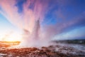 Strokkur geyser eruption in Iceland. Fantastic colors shine thro Royalty Free Stock Photo