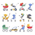 Stroller or baby pram models vector icons
