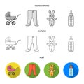 Stroller, bottle with a pacifier, toy, sliders.Baby born set collection icons in flat,outline,monochrome style vector