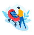 Stroller phone, man young walk, constantly carry phone, happy woman, vacation street, design, in cartoon style vector