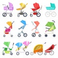 Stroller vector childish buggy or baby-stroller and pram for children or kids carriage illustration set of baby-buggy