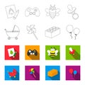 Stroller, windmill, lego, balloons.Toys set collection icons in outline,flat style vector symbol stock illustration web. Royalty Free Stock Photo