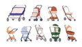 Strollers, prams, pushchairs set. Empty baby carriages, wheeled cradles. Childs carts, infants transports for walking