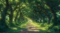 Strolling down a tree-lined path in the midst of summer. deep forest with sunlight