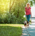 Strolling through the park is even better when its shared. an attractive young woman walking her dog in the park. Royalty Free Stock Photo